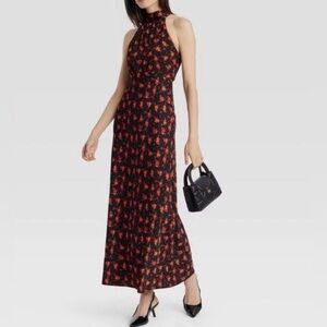 🆕Poof! Black Halter Maxi Dress with Pink & Yellow Floral Print L🆕